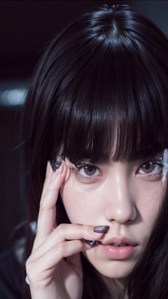 A brunette with droopy and tired eyes like Jisoo from BLACKPINK