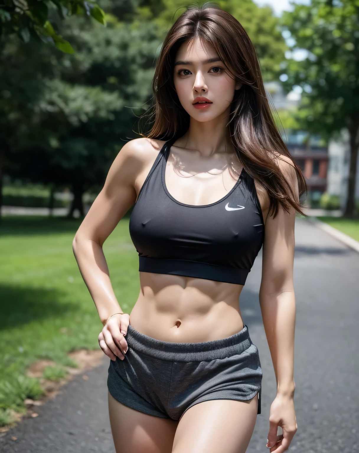 marathon runner:1.5, sports well:1.3,short pants, Full length of a woman running outdoors,A park filled with greenery,strong body with toned muscles, abdominal muscles, big hips with toned muscles, see the muscle grooves, 8k, highest quality:1.2, masterpiece:1.3, High resolution RAW photo, photorealistic:1.3, super resolution, realistic, real photos, amazing details, An ultra-realistic photograph, cute beautiful one woman with perfect body:1.4, slim big:1.2, amazing details, cute beautiful woman with perfect body:1.4, shiny skin, glossy lips, High-definition face and skin texture, fine eyes, double eyelid, very detailed, dark brown hair color, medium hair, big tits, ample breasts:1.4, high resolution chest,