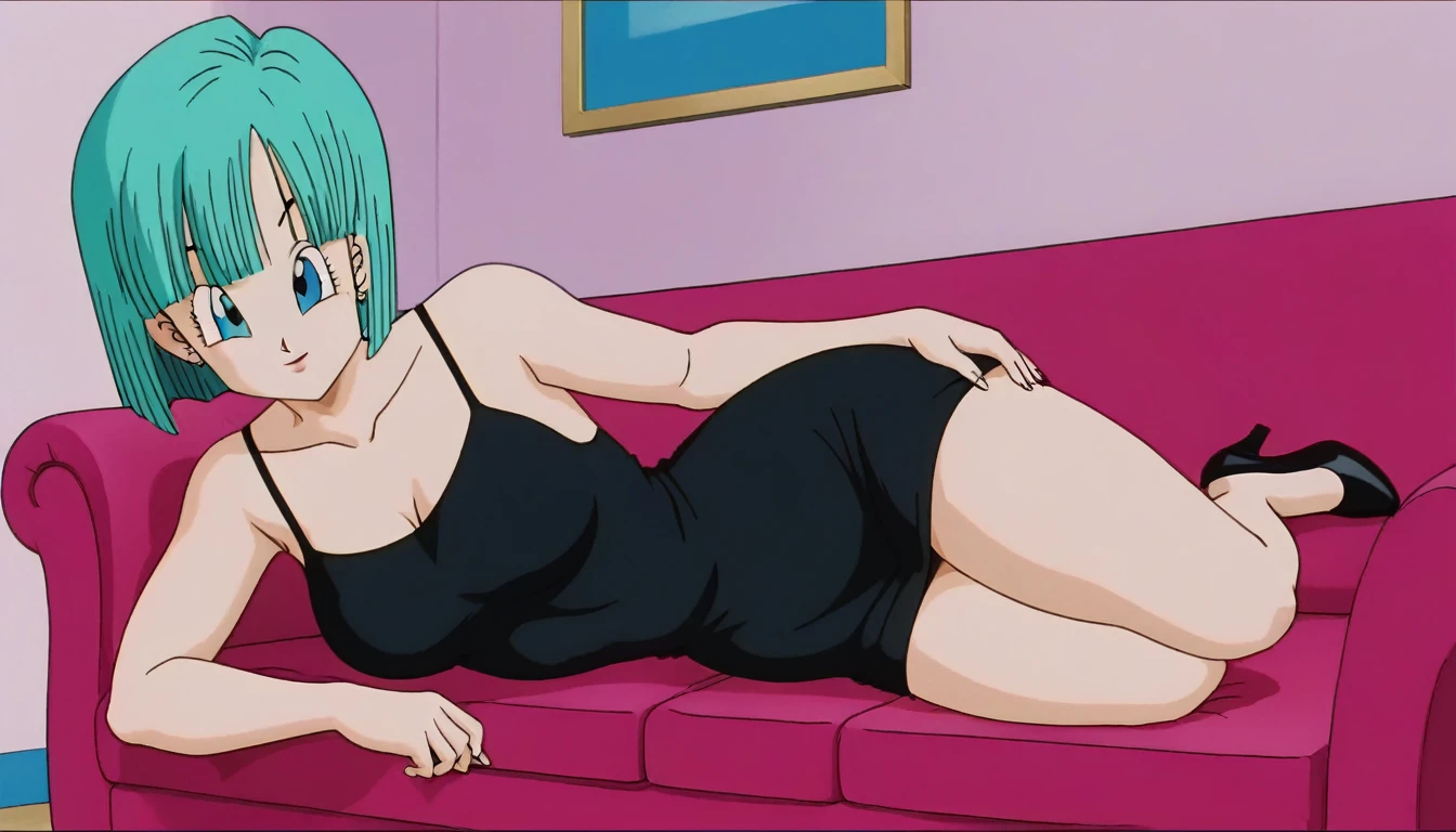 source_anime, score_9, score_8_up, score_7_up, anime screencap, bulma, short hair, aqua hair, bob cut, bangs, blue eyes, 1girl, solo, 8k, absurd res, smile, lying on side, collarbone, spaghetti strap, skin tight black dress, sleeveless, one hand on hip, ballroom, pink couch, indoors, high heels,
