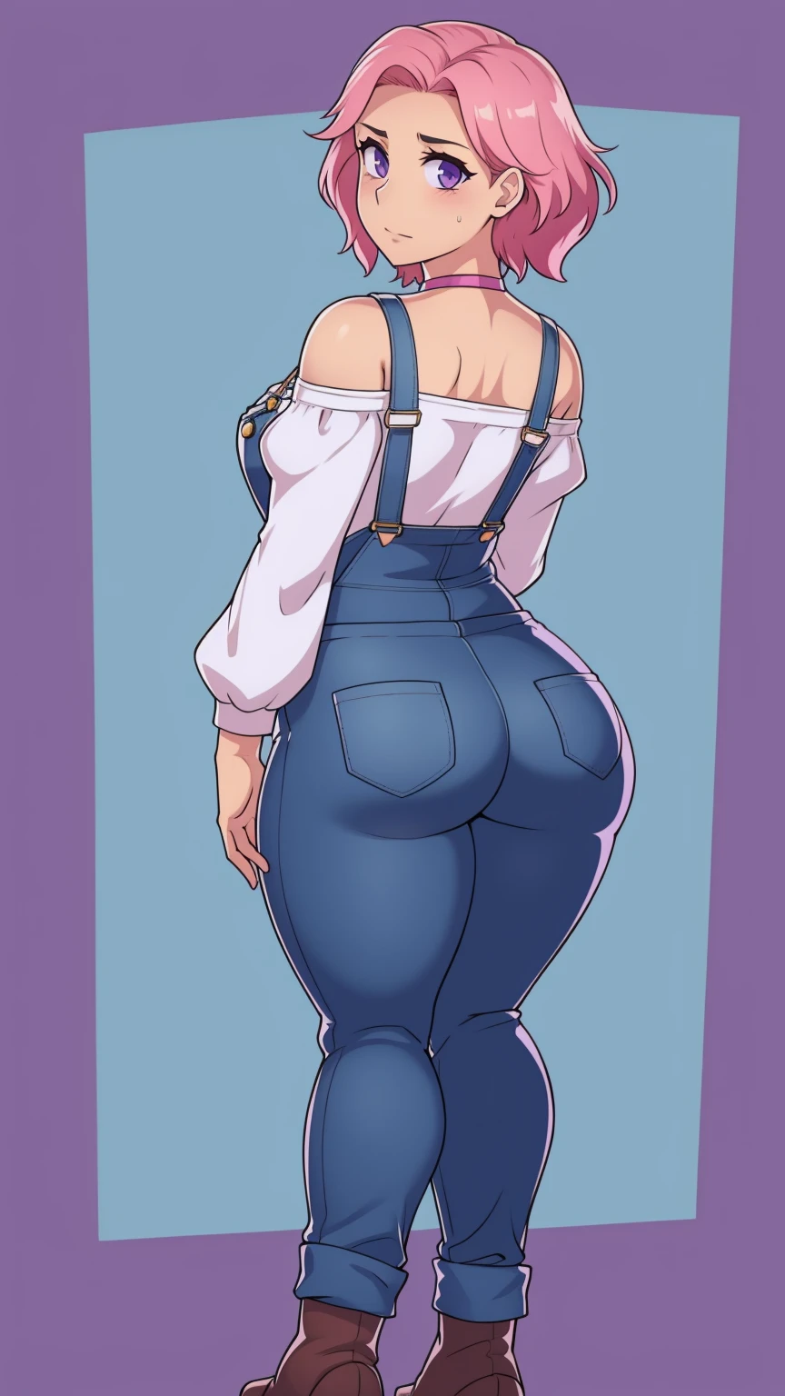 Back turned, looking back at viewer, small cute butt, sad, farm backround, Full body, looking at viewer, 1girl, solo, short pink hair, (dark blue choker), (dark blue denim overalls), (purple eyes), (pink boots), (white shoulder lantern sleeve blouse, tucked in pants