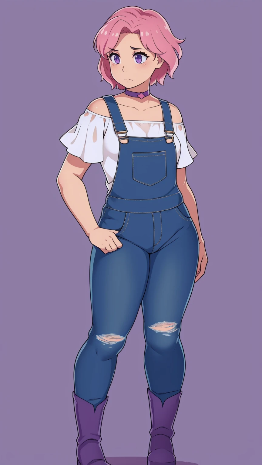 Back turned, looking back at viewer, small cute butt, sad, farm backround, Full body, looking at viewer, 1girl, solo, short pink hair, (dark blue choker), (dark blue denim overalls), (purple eyes), (pink boots), (white shoulder lantern sleeve blouse, tucked in pants