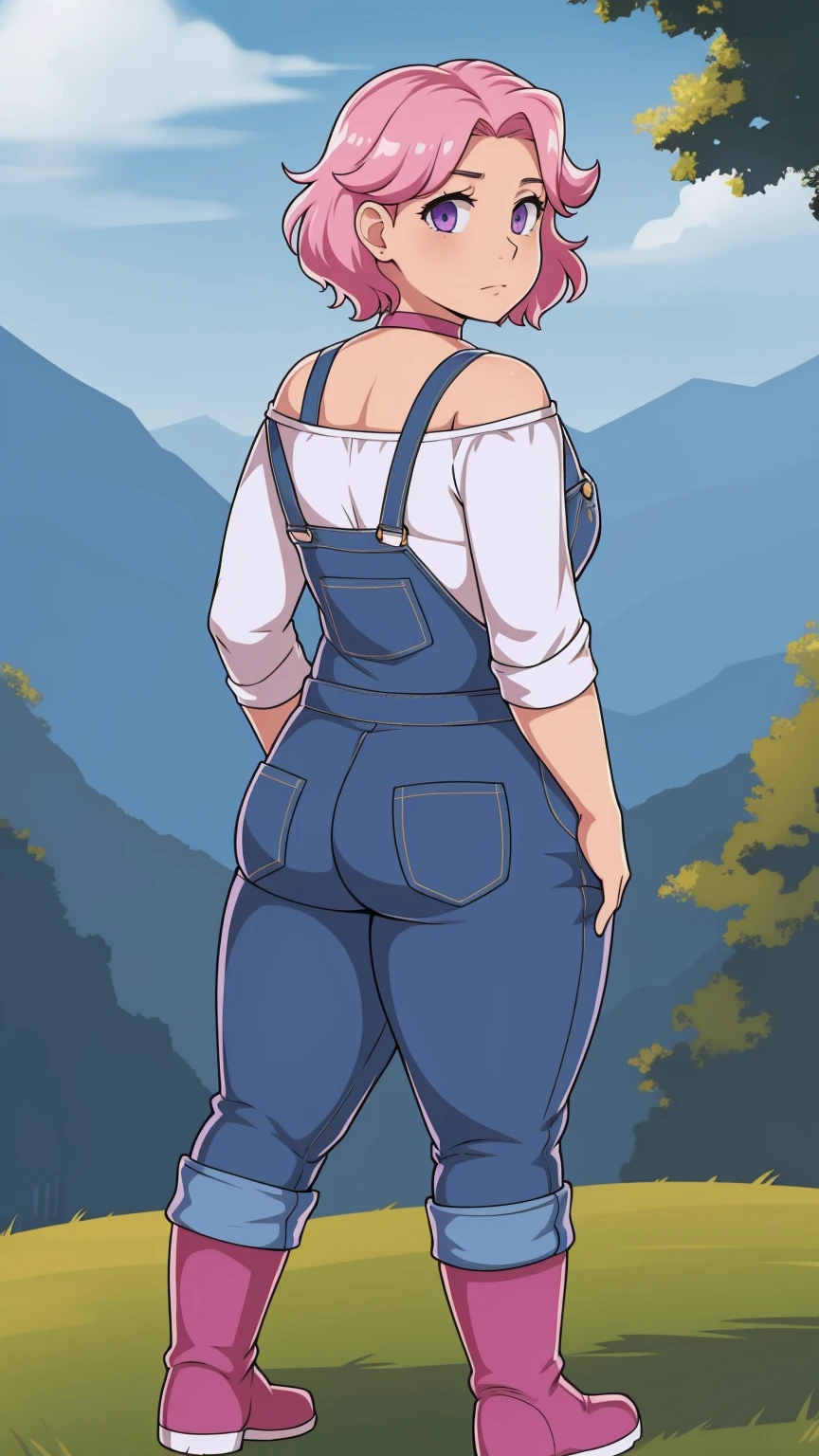 Back turned, looking back at viewer, small cute butt, sad, farm backround, Full body, looking at viewer, 1girl, solo, short pink hair, (dark blue choker), (dark blue denim overalls), (purple eyes), (pink boots), (white shoulder lantern sleeve blouse, tucked in pants