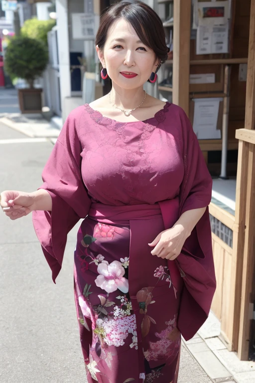 Beautiful mature Japanese woman aged 55, Long eyelashes, Red lipstick, Pink Cheeks, Pearl Necklace, Earrings, Dark eyeshadow, Large Breasts, Take a walk in a kimono, 