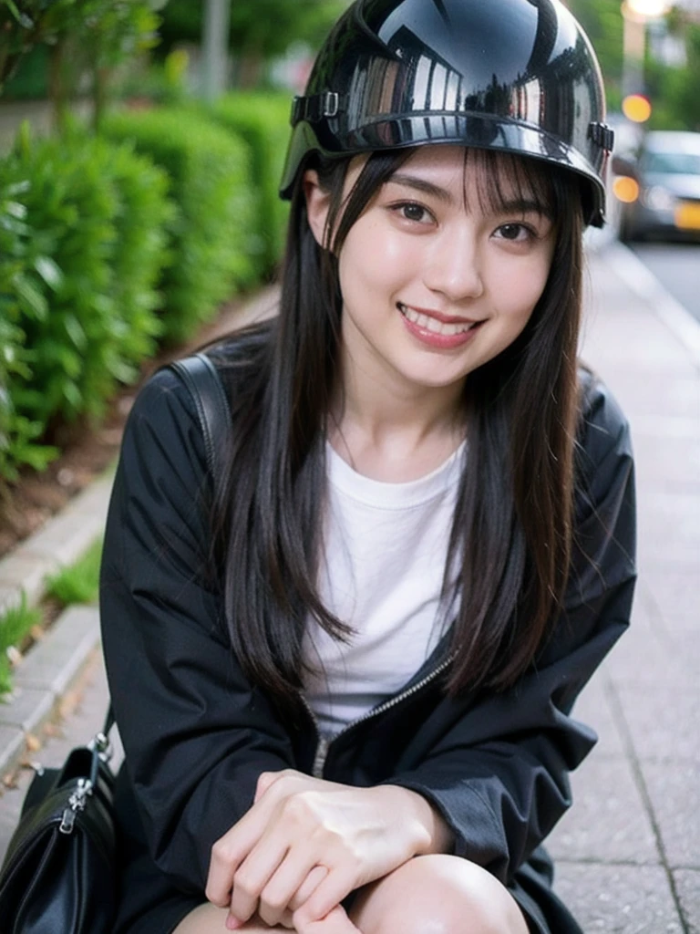 A handsome young woman wearing a motorbike helmet was sitting on the sidewalk with a satisfied facial expression and a small smile. He has long hair, wearing a tight, rib-textured T-shirt, and holding a small black bag in her lap. Behind, there is a wall with graffiti. This scene was taken at night, with street lights illuminating the area and several vehicles visible in the background.