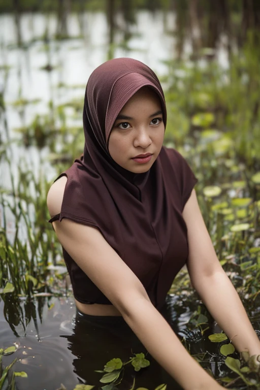 ((Slim:1.3)), ((HIJAB)), WEARING STRAPLESS PATTERN FLORAL BRA, (Best Quality, hight resolution, Realistic:1.37), Detailed face and expression, The Frightened Woman, pixie cut, sickly, Worn-out appearance, Swamp environment, standingn, Seductively drowning in a swamp, Distressed flared satin, cloudy water, Sinking Feeling, gloomy atmosphere, Foggy surroundings, dark shadows, A Surreal Touch, soft-lighting, creepy ambiance, can't cope with shame