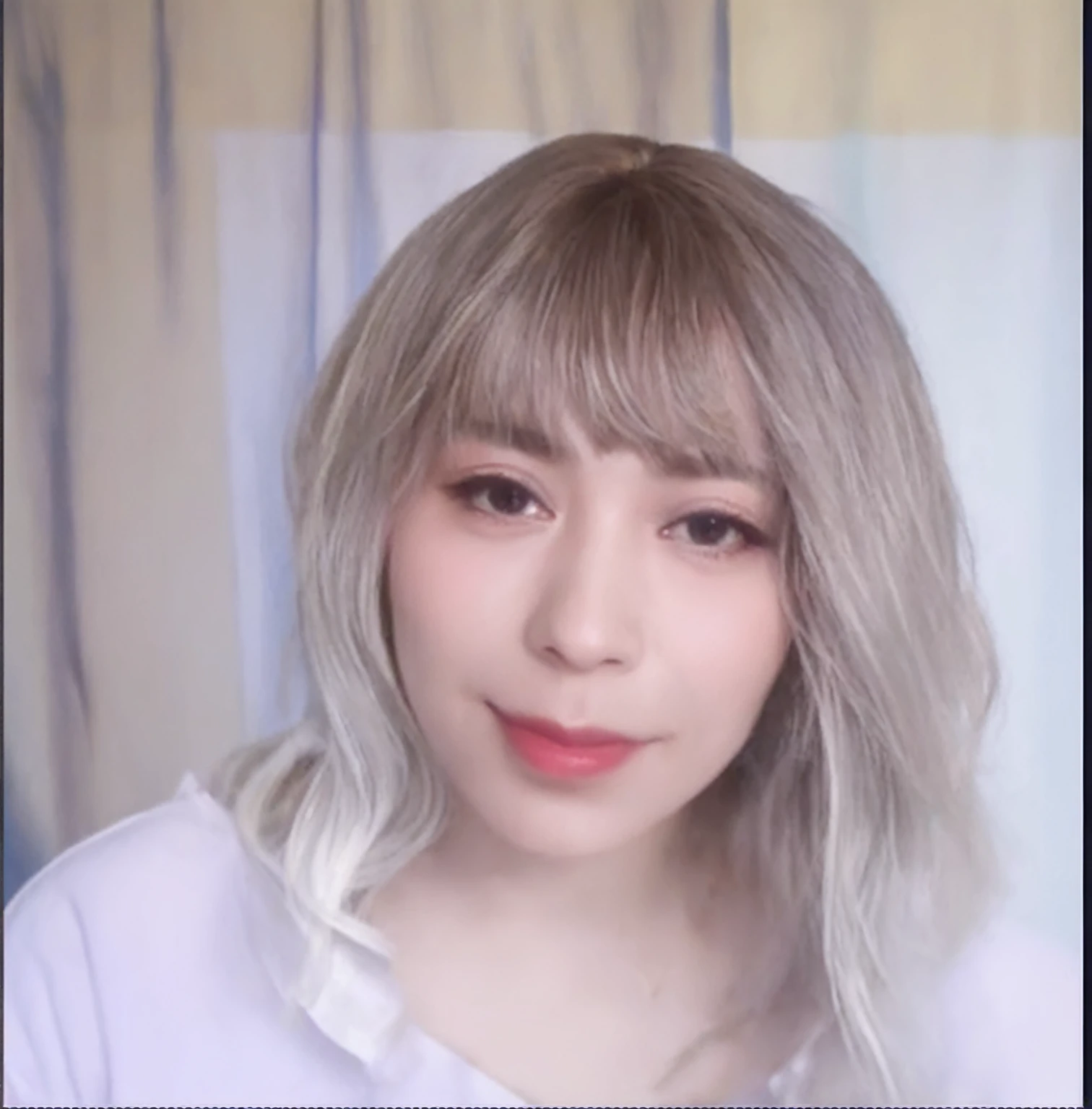 a close-up of a person in a white shirt and gray hair, cabello con white bangs, girl silver hair, his hair is silver, beautiful dolphin, white bangs, Her hair is white, silver hair girl, wearing silver hair, anime girl in real life, silver hair (Horse tail), white hime cut hairstyle, silver hair, silver white hair, flowing silver hair