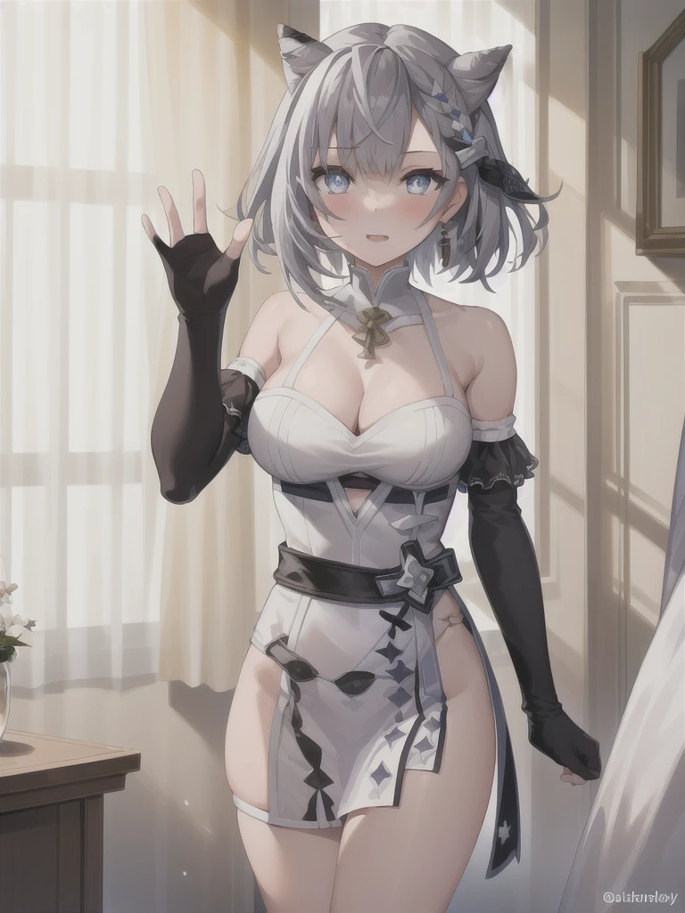 (in hotel, masterpiece, best quality:1.2), 1girl, waving hair, estrus, sweet temptation, lingerie, ((elbow gloves))