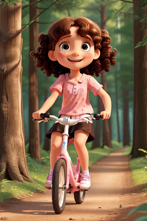 a photo of dodora carinss, a 7 year old girl, happy and smiling, white with freckles, with shoulder-length brown curly hair, brown eyes, pink blouse, black pants, white sneakers, riding a bike in a forest