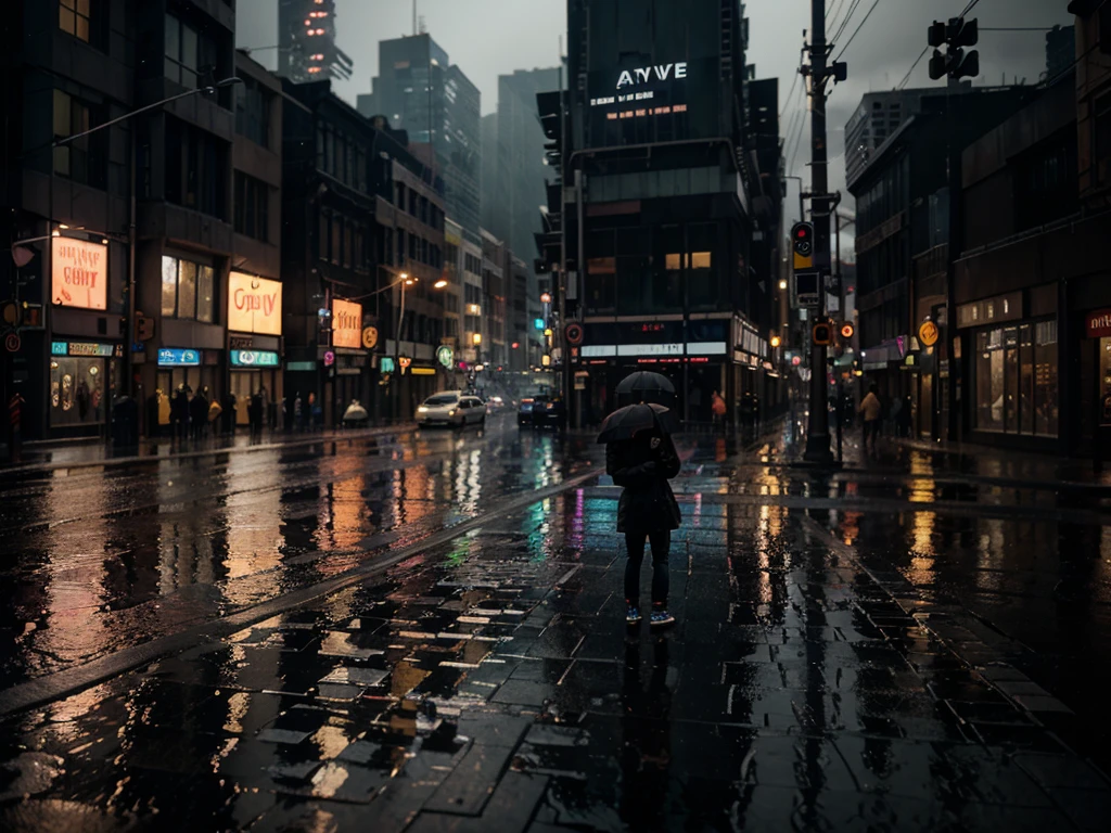 a rainy city street, intricate detailed architecture, rain puddles, neon lights, moody atmosphere, cinematic lighting, dramatic shadows, gritty urban landscape, realistic 3d render, highly detailed, vibrant colors, ray-traced, photorealistic, 8k, best quality