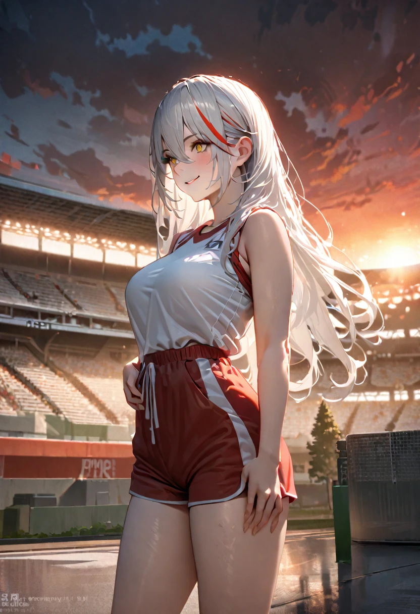 A woman wearing a white sports shirt, red sports shorts, exposed thigh, large breasts, standing posture, hand on waist, yellow eyes, white hair, long hair, red bangs, multicolored hair, horns, outside a sports stadium, in a park, concrete floor with trees around, smiling, place at the end of the sunset,UHD , prime work , accurate , anatomically correct , textured skin , super details , high quality , best quality, 8k, high resolution, bokeh effect. (woman solo), realistic, close view
