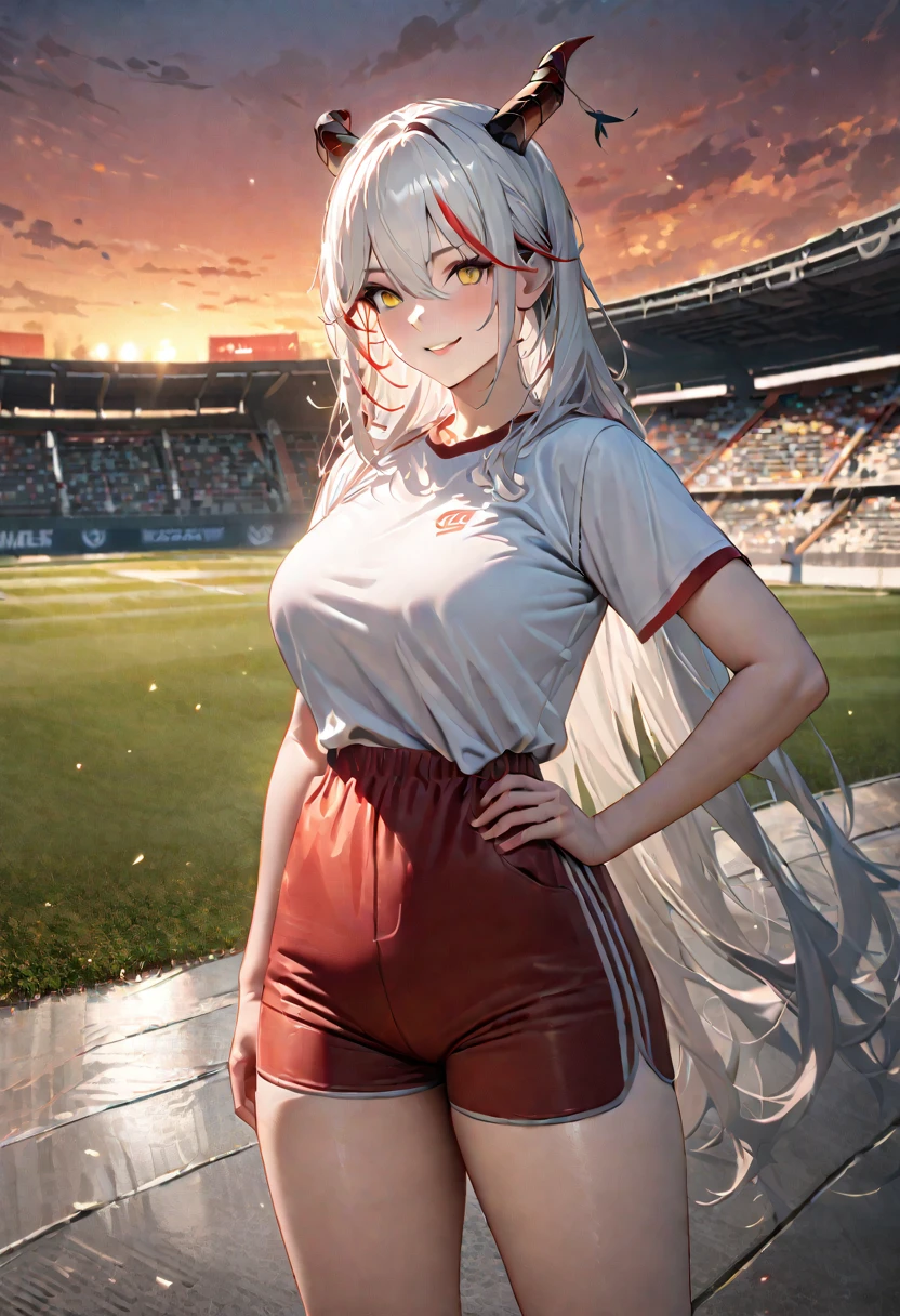 A woman wearing a white sports shirt, red sports shorts, exposed thigh, large breasts, standing posture, hand on waist, yellow eyes, white hair, long hair, red bangs, multicolored hair, horns, outside a sports stadium, in a park, concrete floor with trees around, smiling, place at the end of the sunset,UHD , prime work , accurate , anatomically correct , textured skin , super details , high quality , best quality, 8k, high resolution, bokeh effect. (woman solo), realistic, close view
