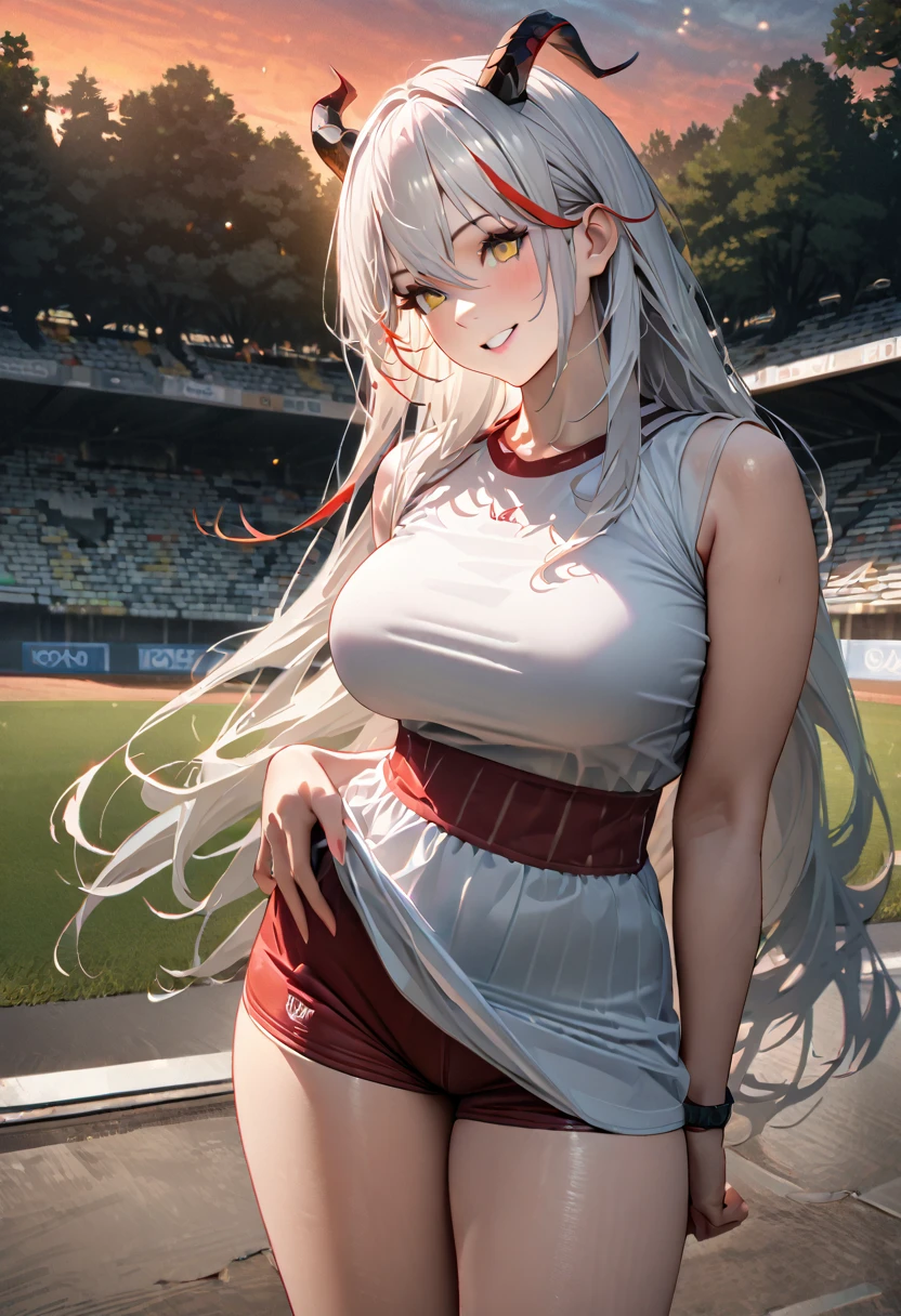 A woman wearing a white sports shirt, red sports shorts, exposed thigh, large breasts, standing posture, hand on waist, yellow eyes, white hair, long hair, red bangs, multicolored hair, horns, outside a sports stadium, in a park, concrete floor with trees around, smiling, place at the end of the sunset,UHD , prime work , accurate , anatomically correct , textured skin , super details , high quality , best quality, 8k, high resolution, bokeh effect. (woman solo), realistic, close view
