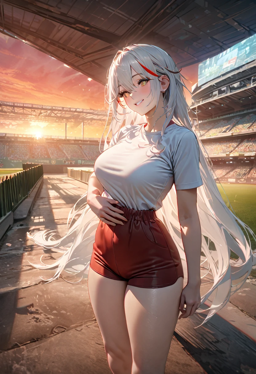 A woman wearing a white sports shirt, red sports shorts, exposed thigh, large breasts, standing posture, hand on waist, yellow eyes, white hair, long hair, red bangs, multicolored hair, horns, outside a sports stadium, in a park, concrete floor with trees around, smiling, place at the end of the sunset,UHD , prime work , accurate , anatomically correct , textured skin , super details , high quality , best quality, 8k, high resolution, bokeh effect. (woman solo), realistic, close view
