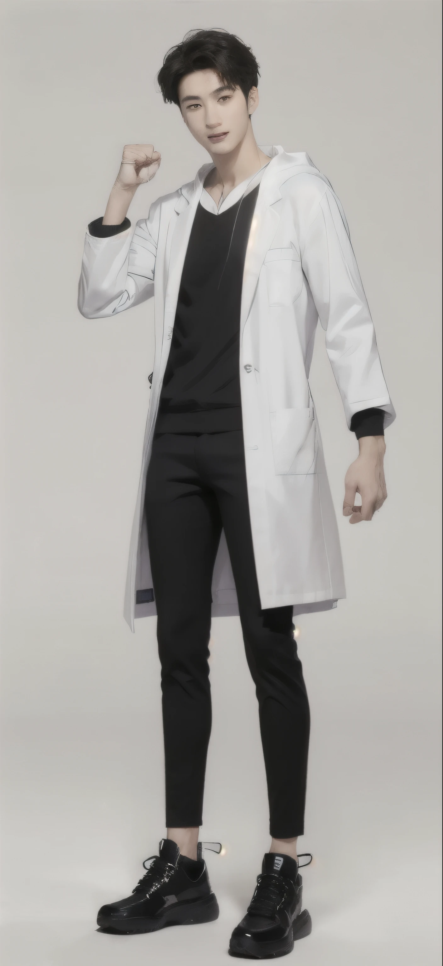 (photorealistic:1.2), (high detail face:1.3), (high detail hands:1.3), (anatomically correct hands:1.2), handsome young asian man, Japanese idol style, short clean-cut hair, ((center part)), (crisp white lab coat:1.3), ((black hoodie underneath:1.2)), (black pants:1.2), (black shoes:1.2), (enthusiastic expression:1.3), ((victory pose:1.4)), (both arms raised:1.3), (clenched fists:1.3), (energetic stance:1.2), plain white background, mid-shot portrait, full body view, high quality, detailed, 8K, (realistic skin texture:1.2), (sharp focus:1.1), (contrast between white coat and black clothing:1.2)