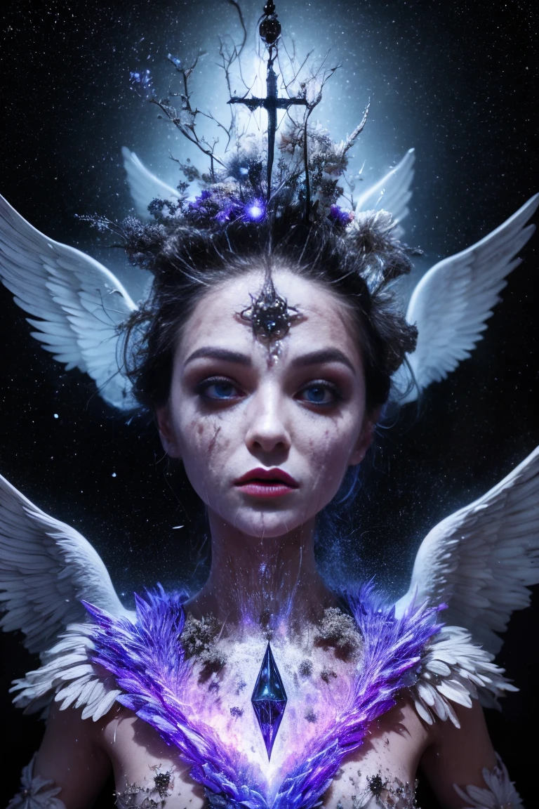 (Masterpiece), (Best Quality: 1.4), absurdities, [:intricate details:0.2],white witch, angel wings, milky way, sky, bright aura, intense focus, crackling energy, mysterious symbols, bright specks,Particles,many details, (amazingly beautiful face)