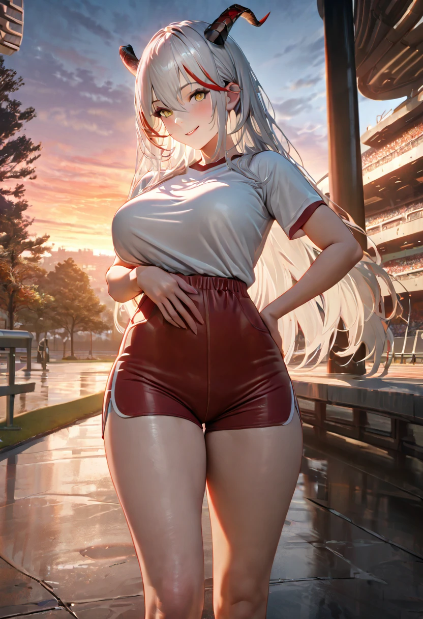 A woman wearing a white sports shirt, red sports shorts, exposed thigh, large breasts, standing posture, hand on waist, yellow eyes, white hair, long hair, red bangs, multicolored hair, horns, outside a sports stadium, in a park, concrete floor with trees around, smiling, place at the end of the sunset,UHD , prime work , accurate , anatomically correct , textured skin , super details , high quality , best quality, 8k, high resolution, bokeh effect. (woman solo), realistic, close view
