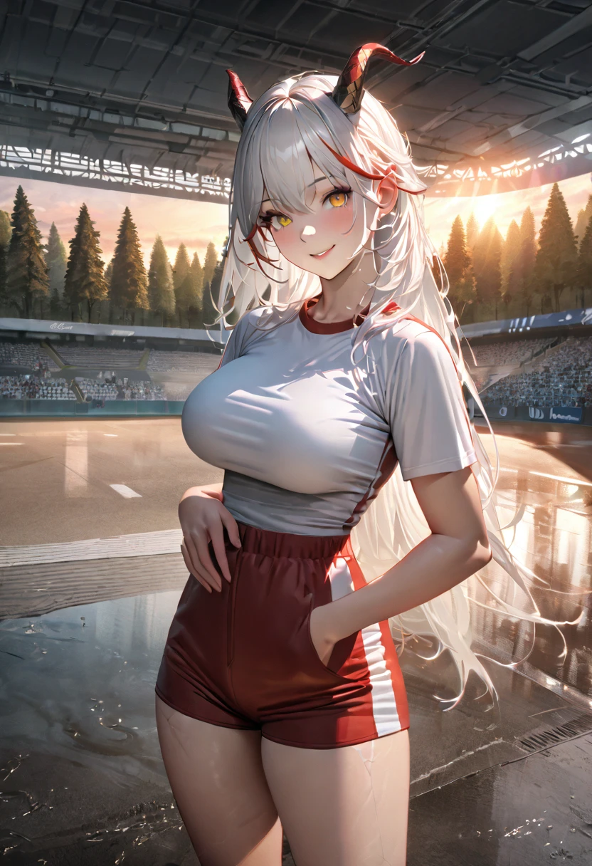 A woman wearing a white sports shirt, red sports shorts, exposed thigh, large breasts, standing posture, hand on waist, yellow eyes, white hair, long hair, red bangs, multicolored hair, horns, outside a sports stadium, in a park, concrete floor with trees around, smiling, place at the end of the sunset,UHD , prime work , accurate , anatomically correct , textured skin , super details , high quality , best quality, 8k, high resolution, bokeh effect. (woman solo), realistic, close view
