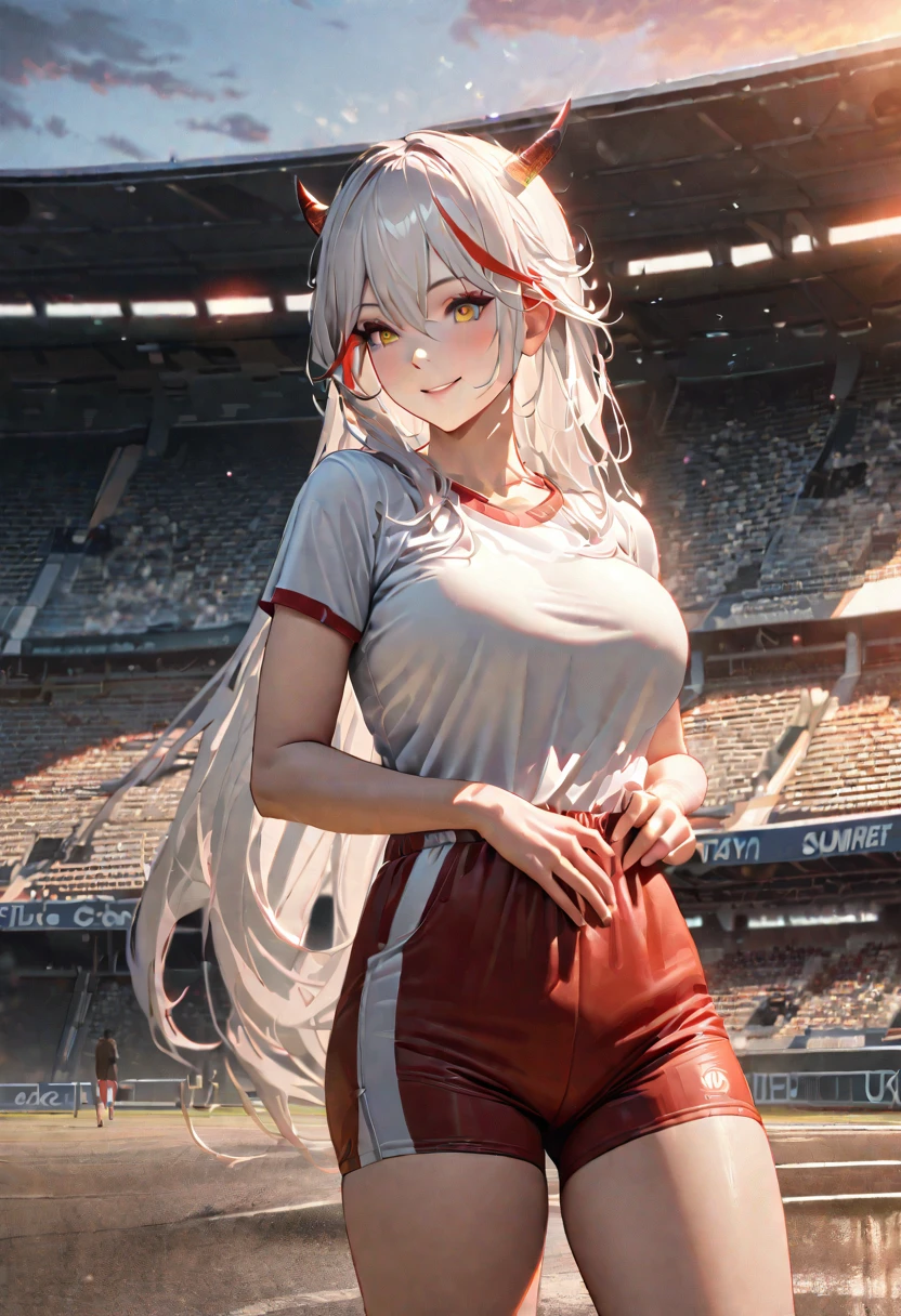 A woman wearing a white sports shirt, red sports shorts, exposed thigh, large breasts, standing posture, hand on waist, yellow eyes, white hair, long hair, red bangs, multicolored hair, horns, outside a sports stadium, in a park, concrete floor with trees around, smiling, place at the end of the sunset,UHD , prime work , accurate , anatomically correct , textured skin , super details , high quality , best quality, 8k, high resolution, bokeh effect. (woman solo), realistic, close view
