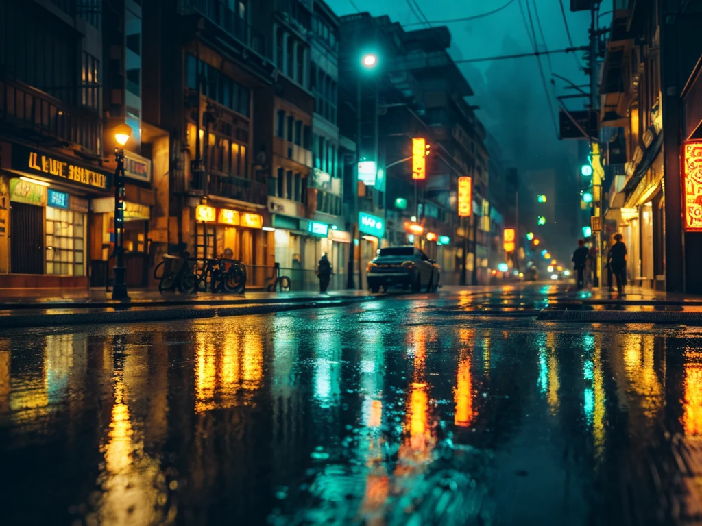 a rainy city street, intricate detailed architecture, rain puddles, neon lights, moody atmosphere, cinematic lighting, dramatic shadows, gritty urban landscape, realistic 3d render, highly detailed, vibrant colors, ray-traced, photorealistic, 8k, best quality