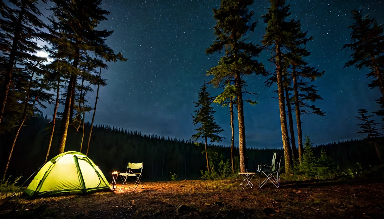 lonely camping tent, clearing, surrounded by forest, chair, dark night, tense atmosphere