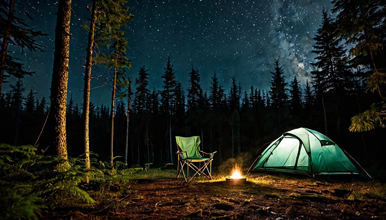 lonely camping tent, clearing, surrounded by forest, chair, dark night, tense atmosphere