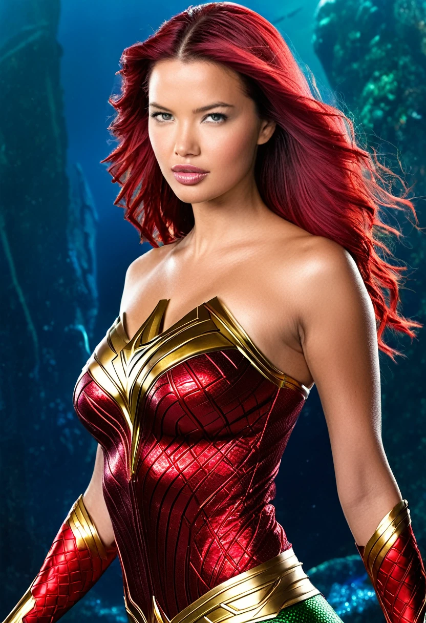 (((From the very first close-up, a beautiful woman Adriana Lima under the mantle of the Kryptonian Kara Zor-The alias Supergirl red hair(((Aquaman Costume)))front images splash color images)))(((Aquaman Costume))),(((Red hair)))
