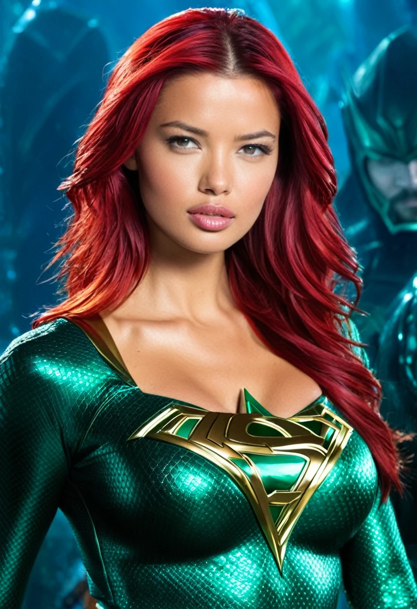 (((From the very first close-up, a beautiful woman Adriana Lima under the mantle of the Kryptonian Kara Zor-The alias Supergirl red hair(((Aquaman Costume)))front images splash color images)))(((Aquaman Costume))),(((Red hair)))