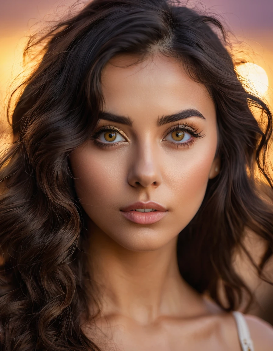 (masterpiece), best quality, expressive eyes, perfect face, head close up portrait with detailed eyes, detailed features, photographic 35mm shot, goddess & temptess, candid, golden hour, cinematic lightning, extreme realism , realistic, black wavy hair, brown eyes, pastel-colored background, The image, captured in stunning Ultra HD, Nikon D850, — style raw — c 10 — ar 2:3 — s 250
