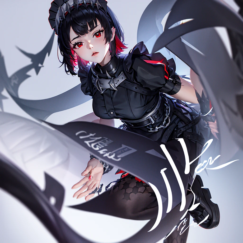 ellen joe, cute pose with her little shark, black hair, colored inner hair, multicolored hair, (red eyes:1.3), red hair, short hair, two-tone hair, apron, black pantyhose, black shirt, black skirt, ear piercing, fins, fish tail, maid, maid apron, maid headdress, pantyhose, piercing, puffy short sleeves, puffy sleeves, shark girl, shark tail, shirt, short sleeves, skirt, tail, two-tone hair, wrist cuffs,