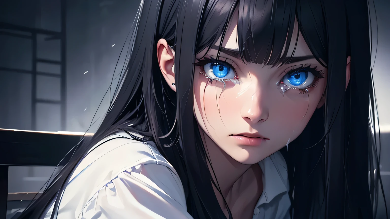 In absolute darkness, highly detailed photorealistic portrait of a 25 year old woman, detailed blue eyes, long black hair, white shirt, crying with sadness and feeling, screaming in pain sitting in absolute darkness, spectacular, cinema, digital art. hyperrealistic, 8k