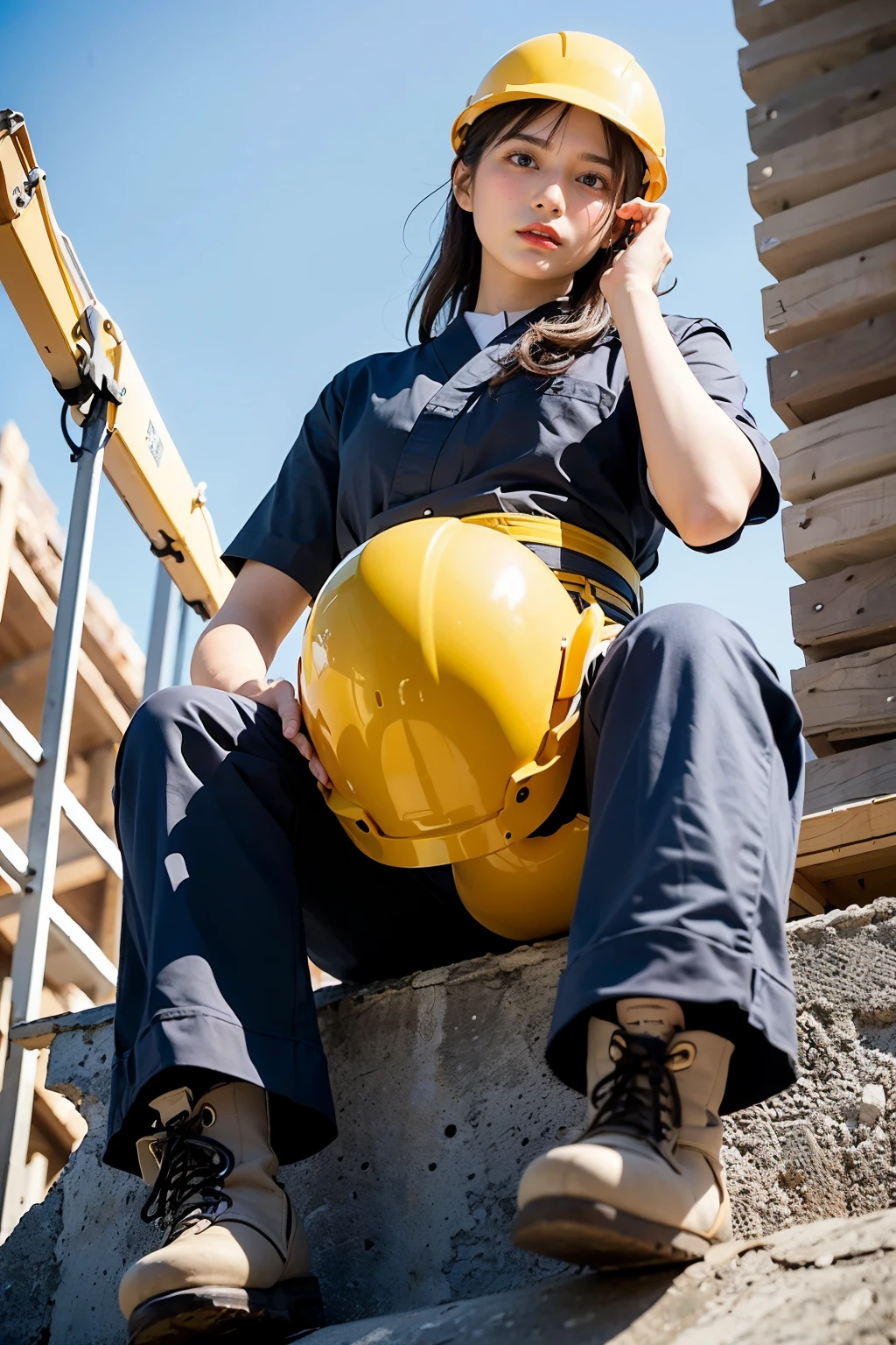 Masterpiece, bokeh, Beautiful face, (Japanese idle:1.6), (working  uniform:1.3), (Striking in  Building construction site:1.3), (Yellow helmet:1.3), working boots, (From below:1.5), 