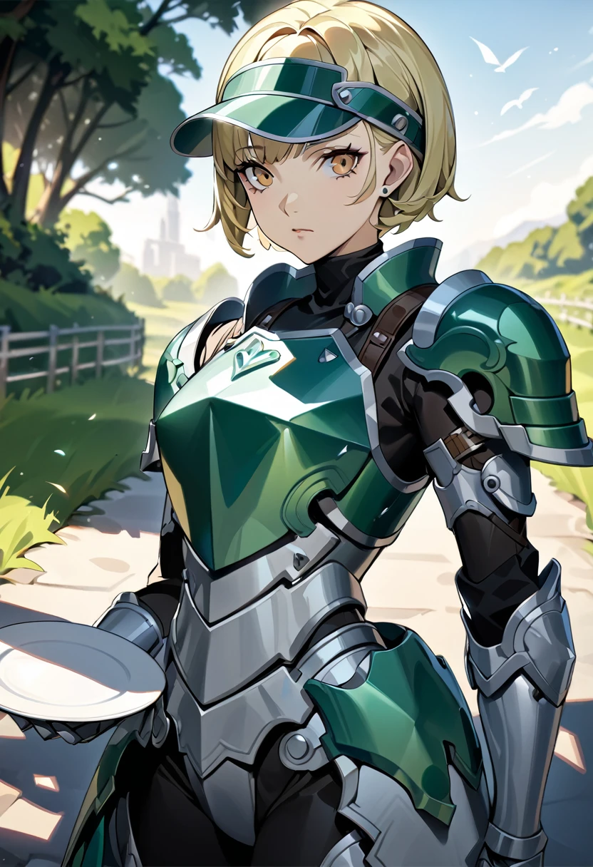 upper body, closed mouth,def_jade,looking at viewer, armor, breastplate,gauntlets, shoulder armor, pauldrons, boots, visor (armor), faulds, plate armor, greaves,outdoors, (masterpiece, best quality, ultra-detailed, best shadow)，blonde short hair