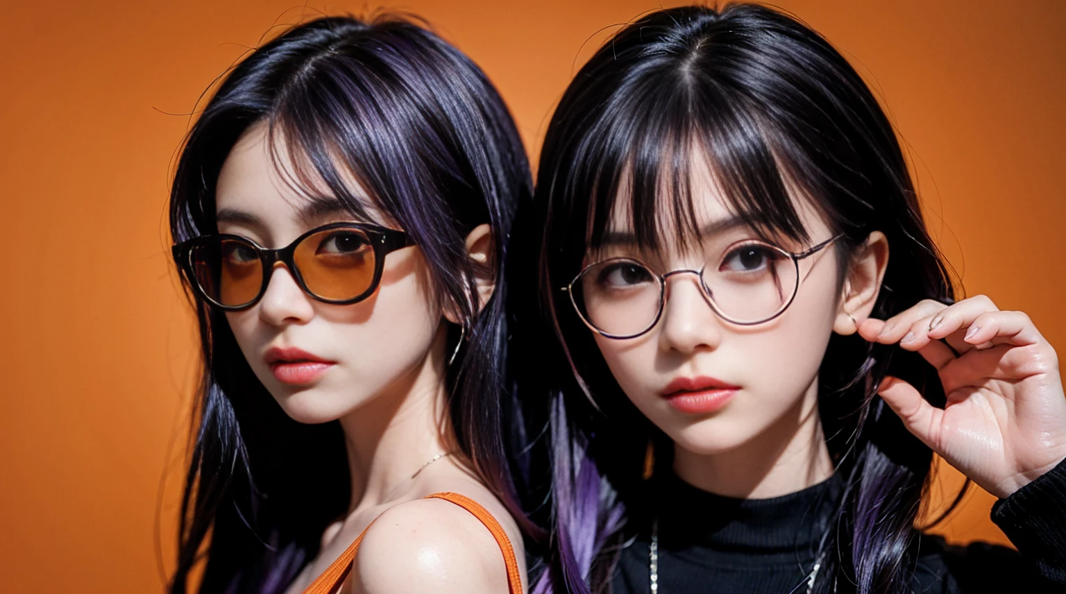 General Raiden, Purple Hair, Purple eyes, Girl wearing trendy orange sunglasses , Orange background, Portraiture