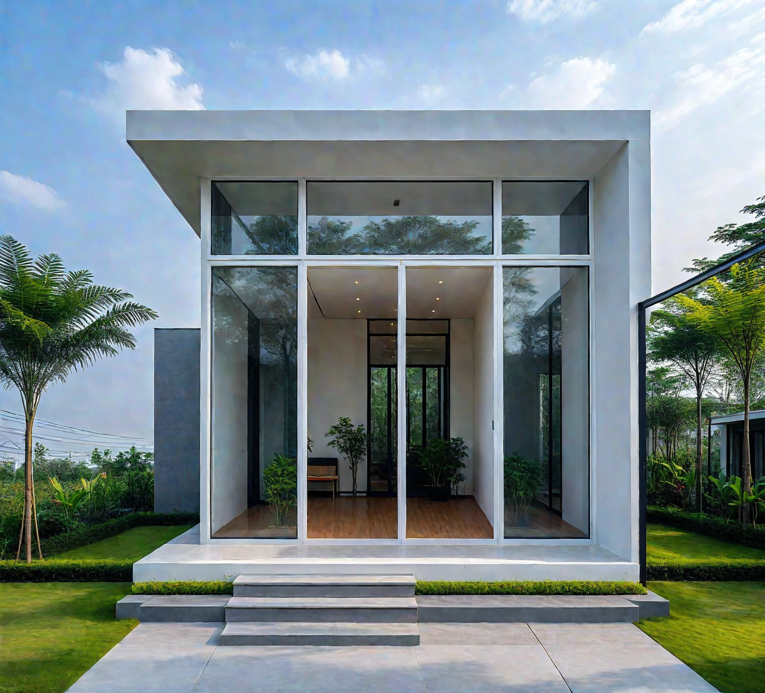,a modern one-story house with a minimalist design, (very small house: 1.2) ,((with a facade less than 4 meters wide:1.2)), white and glass materials, wood, large floor-to-ceiling glass windows, tropical plants and trees. (house as the showroom mini furniture:1.2), front view, elevation viewRAW photo, a photo of a modern house, (curvilinear archrchitecture:1.4), Wabisabi style rounded wall, white wall, steel black gate, sidewalk, sidewalk trees, ((grey gate:1.2)), road, viet nam modern residence, ((architectural shot)), rough white wall, new residential area, wide angle exterior 2022, contemporary house, exterior photography, masterpiece, contemporary architecture, overcast, indirect lighting