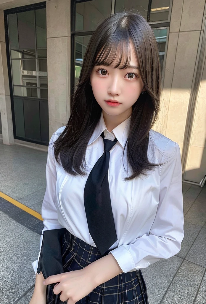 Highest quality, masterpiece, Ultra-high resolution, (Realistic: 1.4), RAW Photos, Dynamic Pose,((uniform)),Young,1 girl, Black Hair, Glowing Skin, School, Dramatic lighting, whole body, high school girl,