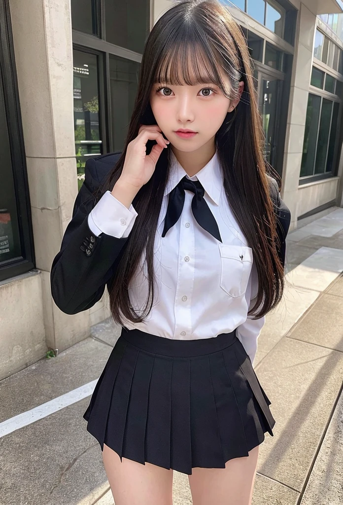 Highest quality, masterpiece, Ultra-high resolution, (Realistic: 1.4), RAW Photos, Dynamic Pose,((uniform)),Young,1 girl, Black Hair, Glowing Skin, School, Dramatic lighting, whole body, high school girl,