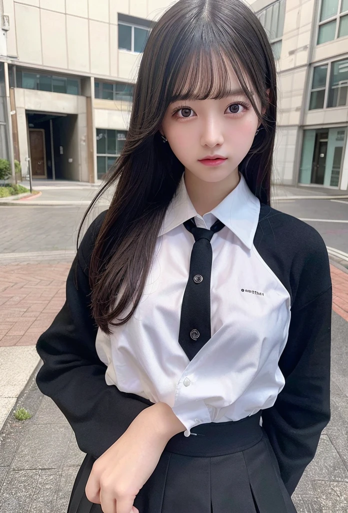 Highest quality, masterpiece, Ultra-high resolution, (Realistic: 1.4), RAW Photos, Dynamic Pose,((uniform)),Young,1 girl, Black Hair, Glowing Skin, School, Dramatic lighting, whole body, high school girl,