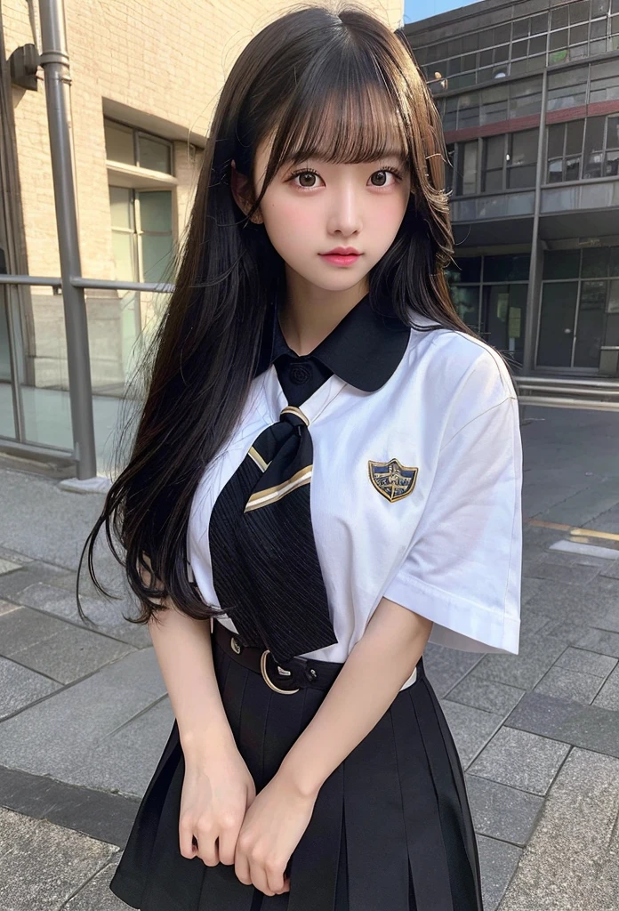 Highest quality, masterpiece, Ultra-high resolution, (Realistic: 1.4), RAW Photos, Dynamic Pose,((uniform)),Young,1 girl, Black Hair, Glowing Skin, School, Dramatic lighting, whole body, high school girl,