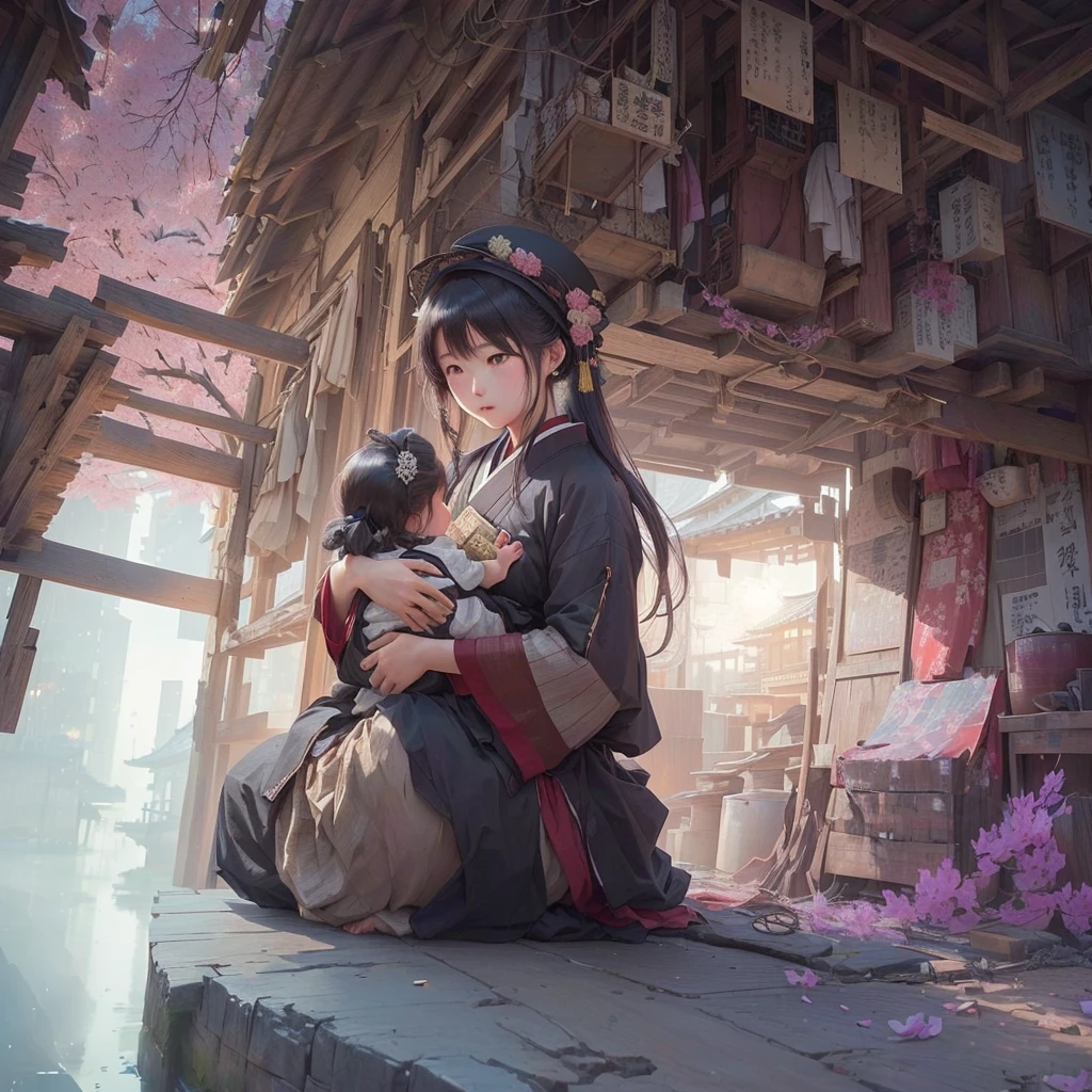 Anime girl sitting on a chair in a room with a window, by Shimo, Jan J, Gwaiz on pixiv artstation, Gwaiz on artstation pixiv, Gwaiz, artstation pixivでトレンド, artwork in the style of Gwaiz, Sosei, Written by Zou Zhe, Illustration concept art Blazing flames, fire, crowd, throng, freezing, mother warming her baby.Scenery and Cityscape in the Early Meiji Era After the Meiji Restoration, Japan underwent rapid modernization and civilization. Consequently, many changes and reforms occurred. Below is a detailed explanation of the scenery, appearance of the poor, occupations, and cityscapes in the early Meiji period (1868 to the early 1880s). 2. Appearance of the Poor Life for the impoverished and lower classes remained harsh. In particular, in urban areas, people migrated from rural areas or unemployed artisans gathered, intensifying competition in the labor market. Many of them struggled with poverty, often residing in slums or around temples. 3. Occupations Meiji early Japan witnessed a diversification of occupations. Traditional agriculture and handicrafts were accompanied by the rise of modern industry and commerce. Particularly in urban areas, factory workers, shop clerks, and transporters increased, giving rise to new professions. However, many in these occupations endured harsh working conditions. 4. Influence of Civilization and Enlightenment During the Meiji era, Western cultural influences spread rapidly. Changes in clothing, dietary habits, and the proliferation of Western-style architecture advanced, especially in urban areas. Conversely, this development posed a threat to traditional culture and lifestyles, resulting in societal upheaval and adaptation challenges. 5. Social Change and Policy Influence While promoting modernization policies, the government also addressed poverty and social issues. Legislation for labor protection and charitable activities to aid the poor were implemented. Nevertheless, living conditions for the impoverished scarcely improved. The early Meiji period marked a rapid transformation in Japan, with co