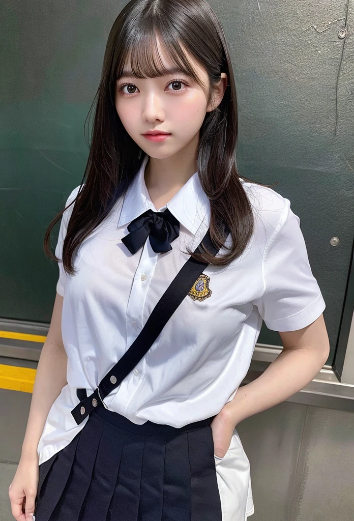 Highest quality, masterpiece, Ultra-high resolution, (Realistic: 1.4), RAW Photos, Dynamic Pose,((uniform)),Young,1 girl, Black Hair, Glowing Skin, School, Dramatic lighting, whole body, high school girl,