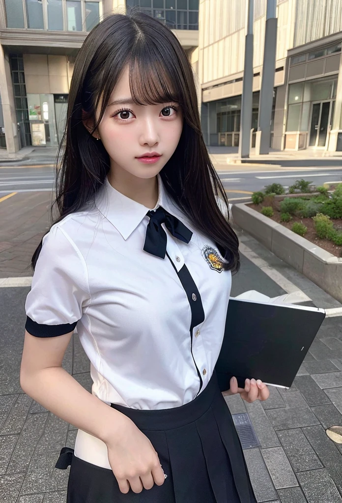 Highest quality, masterpiece, Ultra-high resolution, (Realistic: 1.4), RAW Photos, Dynamic Pose,((uniform)),Young,1 girl, Black Hair, Glowing Skin, School, Dramatic lighting, whole body, high school girl,