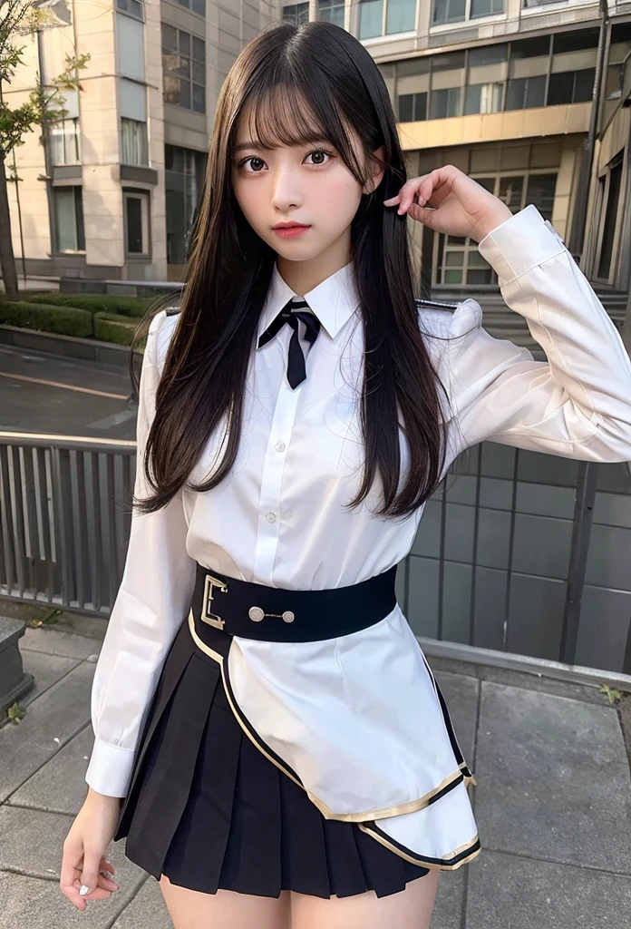 Highest quality, masterpiece, Ultra-high resolution, (Realistic: 1.4), RAW Photos, Dynamic Pose,((uniform)),Young,1 girl, Black Hair, Glowing Skin, School, Dramatic lighting, whole body, high school girl,