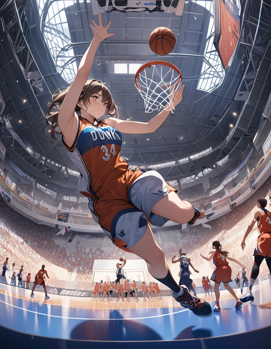 ((Masterpiece, top quality, high resolution)), ((highly detailed CG unified 8K wallpaper)), Women's basketball player, making a powerful dunk shot, seen from below, dynamic sports photo,