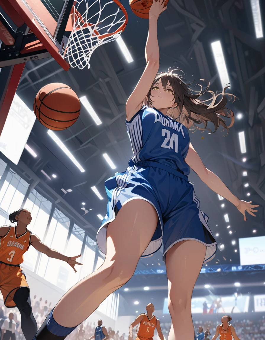 ((Masterpiece, top quality, high resolution)), ((highly detailed CG unified 8K wallpaper)), Women's basketball player, making a powerful dunk shot, seen from below, dynamic sports photo,