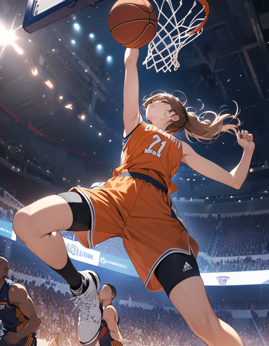 ((Masterpiece, top quality, high resolution)), ((highly detailed CG unified 8K wallpaper)), Women's basketball player, making a powerful dunk shot, seen from below, dynamic sports photo,
