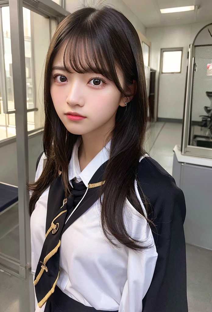 Highest quality, masterpiece, Ultra-high resolution, (Realistic: 1.4), RAW Photos, Dynamic Pose,((uniform)),Young,1 girl, Black Hair, Glowing Skin, School, Dramatic lighting, whole body, high school girl,