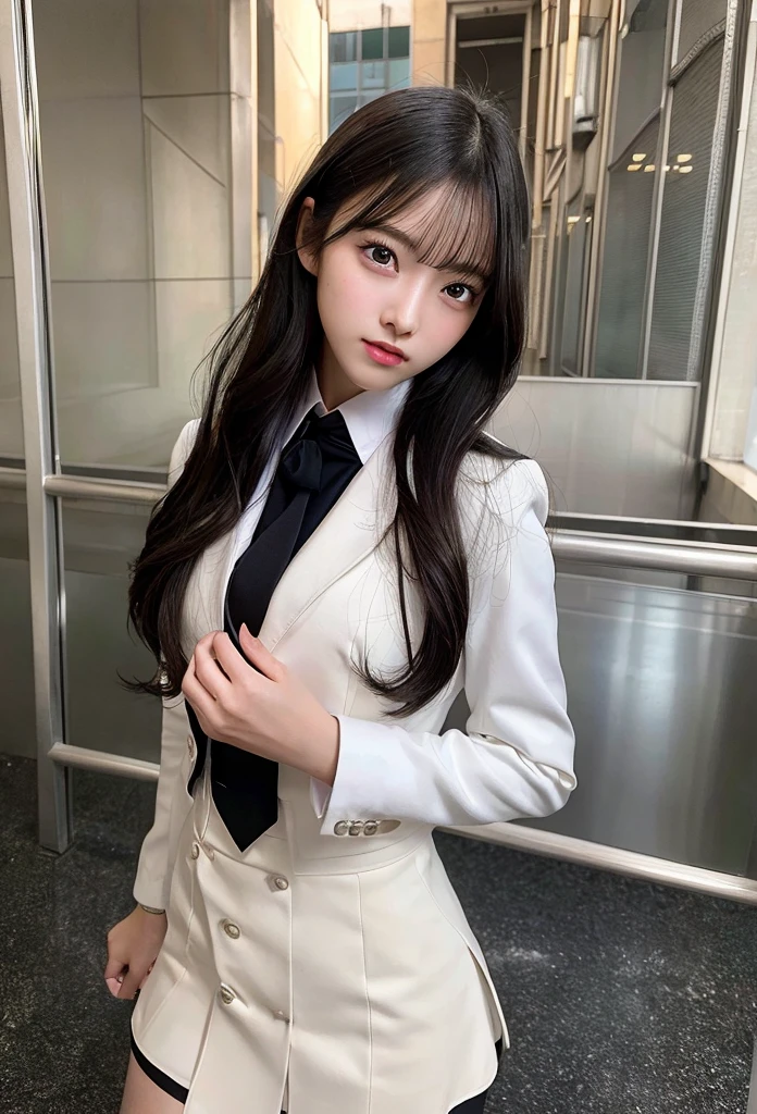Highest quality, masterpiece, Ultra-high resolution, (Realistic: 1.4), RAW Photos, Dynamic Pose,((uniform)),Young,1 girl, Black Hair, Glowing Skin, School, Dramatic lighting, whole body, high school girl,