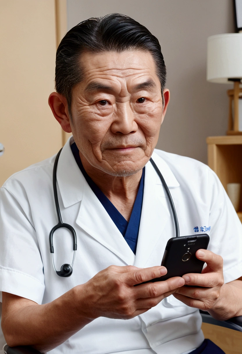 4k、raw photo、photorealistic stick、High resolution、Men in Japan、a handsome、skin head、care worker、Use your smartphone in a nursing home and request delivery