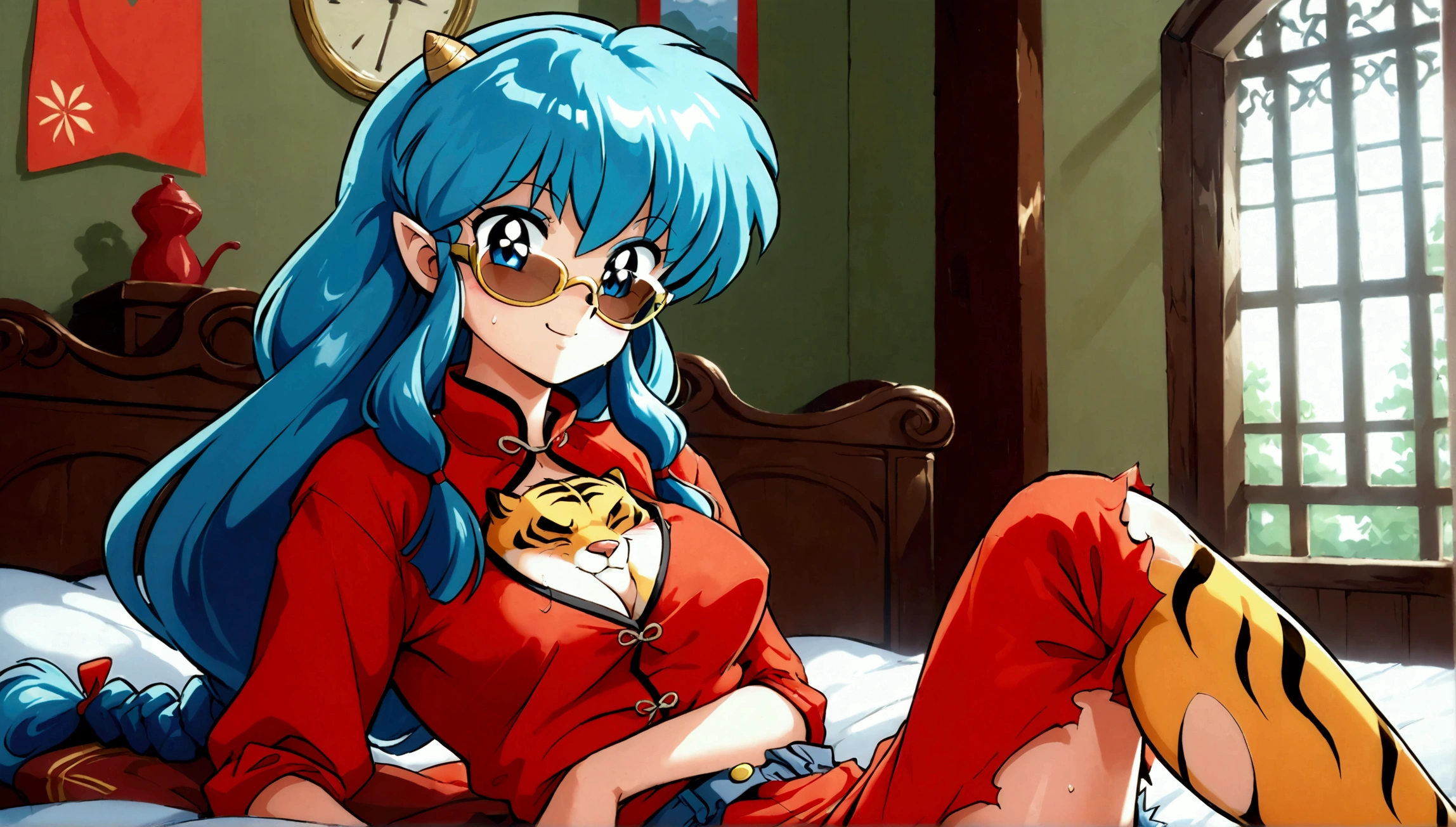 score_9, score_8_up, score_7_up, 1980's style, JK, retro, source anime, flat color, illustration. lum, ranma, single_braid, blue hair, blue eyes, tiny horns, pointy ears, aqua hair, eyeshadow, 1girl, solo, cute, aviator sunglasses, aviator glasses, big perky breasts, (dramatic lighting), cute girl, sweaty, blush, blushing, makeup, smile, horny, drunkenly. Clothes: chinese_clothes, (red tangzhuang), tight black jean shorts with frayed edges, cut off black_ jean_shorts, tiny jean shorts, ripped jean short on the backhole, cropped red tangzhuang, (unbuttoned), bottomless, yellow tiger-stripped thigh boots, dressed slutty. Background: living room, sitting next to bed, big window, high floor. Pose: spread legs, leaning back, dynamic posing, showing feet to viewer, facing away, Expressiveh, from below, from side, elegant, erotic, sensual, mature, (from the side, booty up, ass up, doggy style).