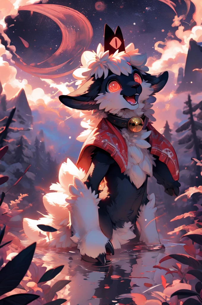 female anthro sheep, sheep girl, cute-fine-face, ultra cute face, cute, flat chest, small breasts,
glossy black skin, shiny white wool, glossy black fur,
((floating)), in the air, triumphant pose, ((reflective eyes)), expressive eyes, detailed big hands, 
red crown, golden bell collar, detailed red cape, (horizontal pupils), red eyes, glossy black horns, glossy wool,
(breast wool), furry crotch, leg wool, arm wool,
evil laugh, triumphant pose, open mouth, flirty, fangs, tongue,
low angle, depth of field, three-quarter view, 
uploaded on e621, by dagasi, by loimu, by hioshiru, by silverfox5213, by darkgem, (by carrot:0.4), 
fapuclaws, fapuhooves,
dark background, dark forest, midnight, cosmos,
detailed background, Ray tracing, concept art, highly detailed, ((masterpiece)), ((best quality)) cinematic composition, ultra realistic, (high detail:1.3), sharp focus,